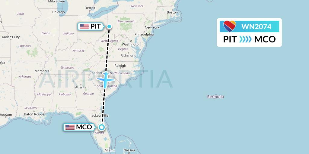 WN2074 Southwest Airlines Flight Map: Pittsburgh to Orlando