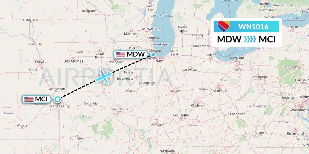 WN1016 Southwest Airlines Flight Map: Chicago to Kansas City