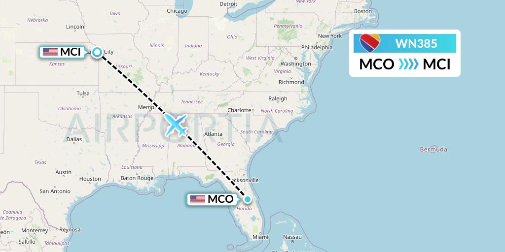 WN385 Southwest Airlines Flight Map: Orlando to Kansas City