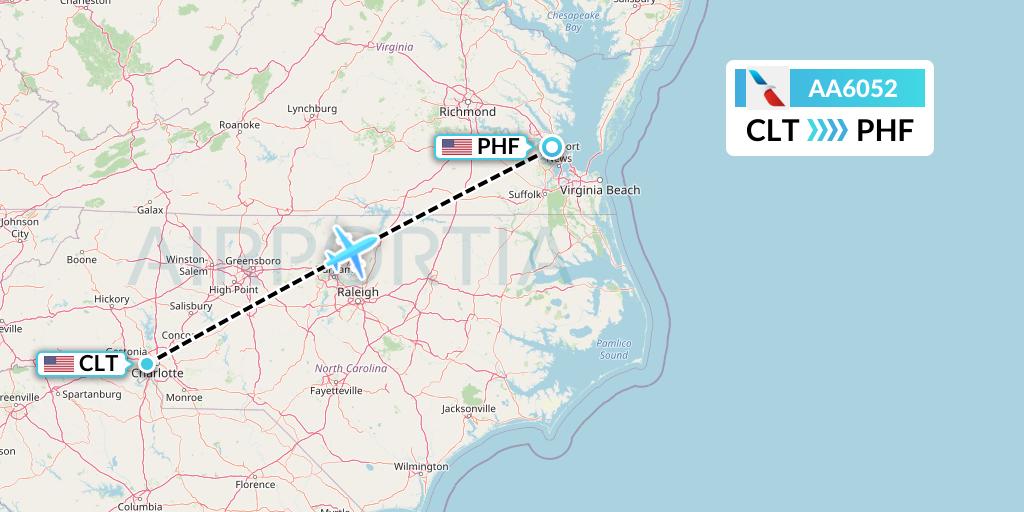 AA6052 American Airlines Flight Map: Charlotte to Newport News
