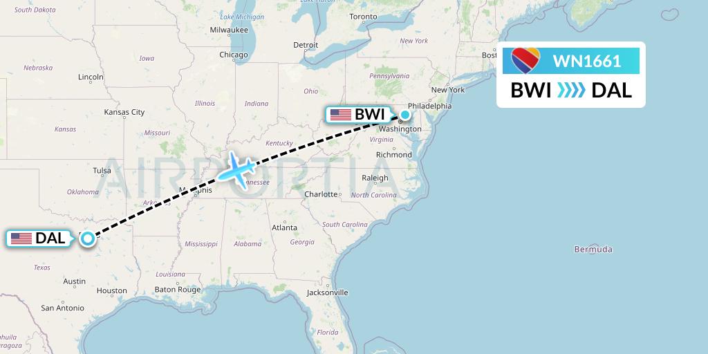 WN1661 Southwest Airlines Flight Map: Baltimore to Dallas