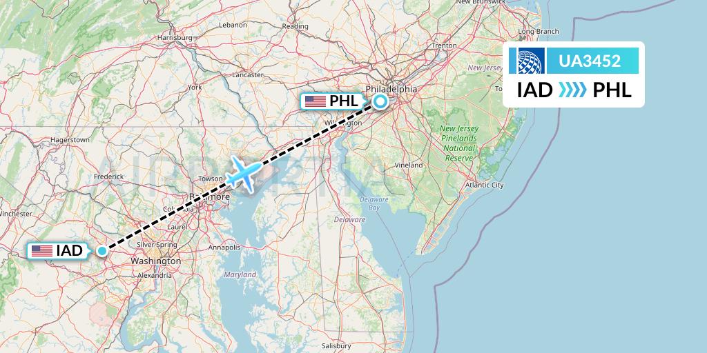 UA3452 United Airlines Flight Map: Washington to Philadelphia