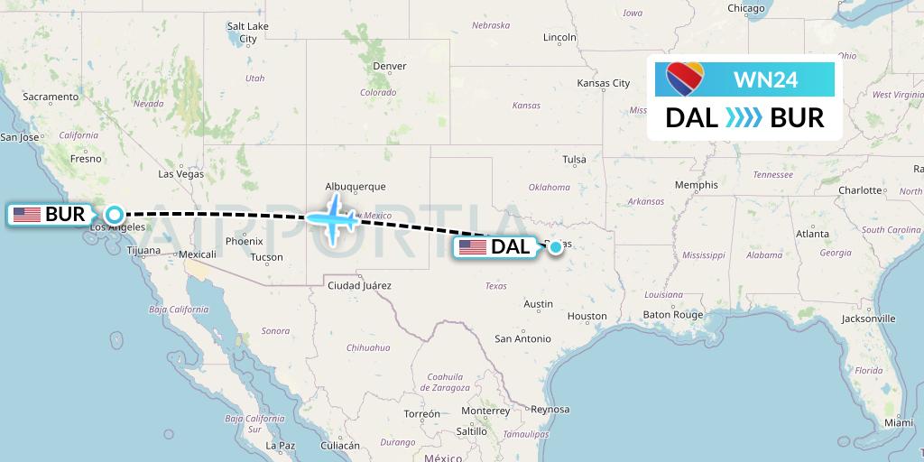 WN24 Southwest Airlines Flight Map: Dallas to Burbank