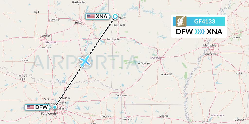 GF4133 Gulf Air Flight Map: Dallas to Bentonville