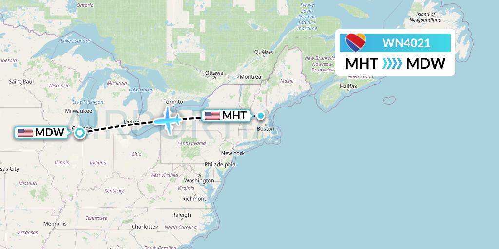 WN4021 Southwest Airlines Flight Map: Manchester to Chicago