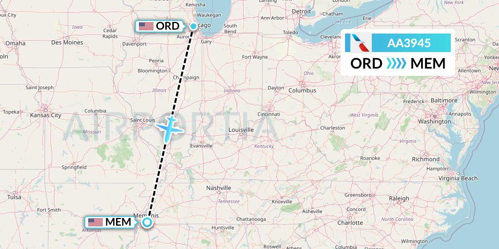 AA3945 American Airlines Flight Map: Chicago to Memphis