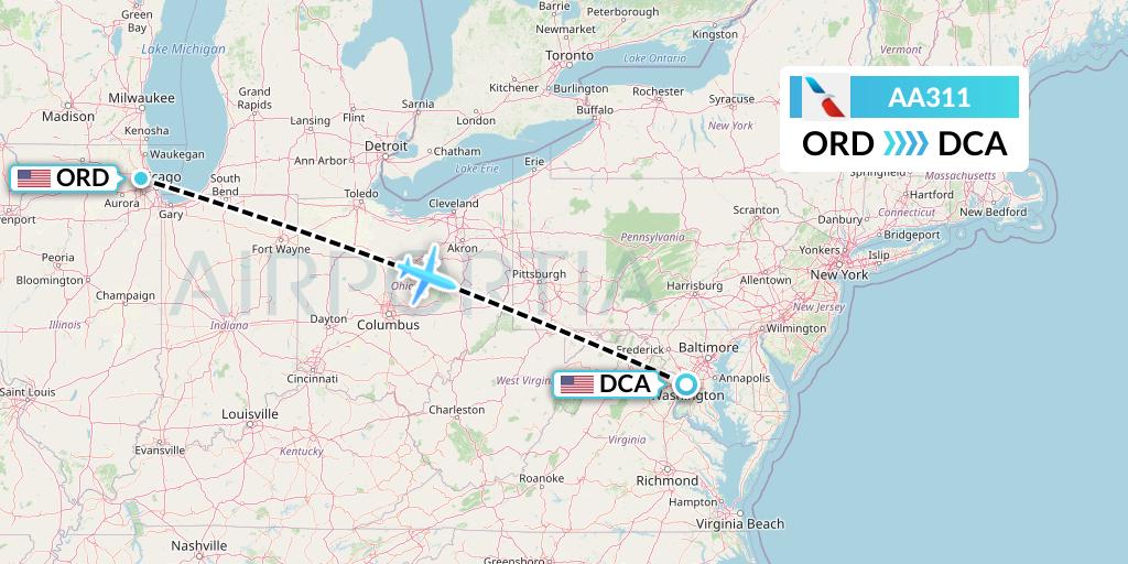 AA311 American Airlines Flight Map: Chicago to Washington