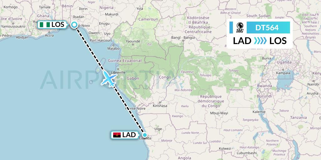 DT564 TAAG Angola Airlines Flight Map: Luanda to Lagos