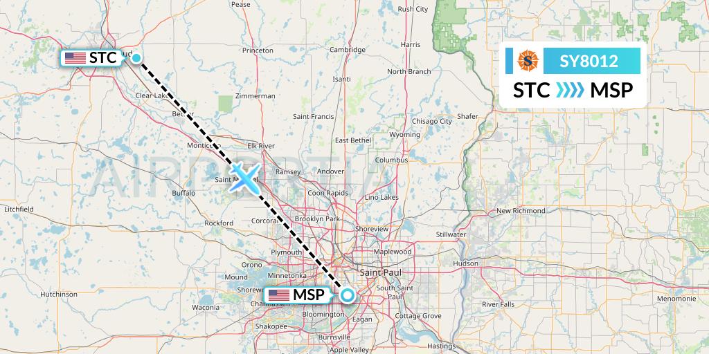 SY8012 Sun Country Airlines Flight Map: St Cloud to Minneapolis