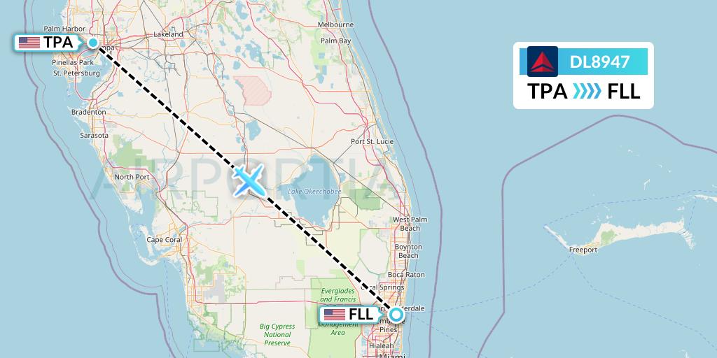 DL8947 Delta Air Lines Flight Map: Tampa to Fort Lauderdale