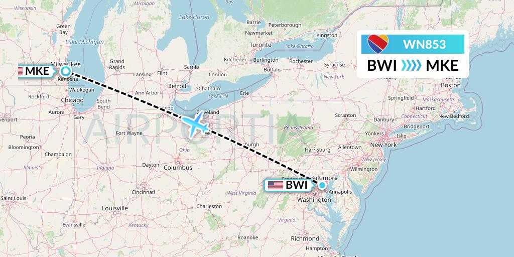 WN853 Southwest Airlines Flight Map: Baltimore to Milwaukee