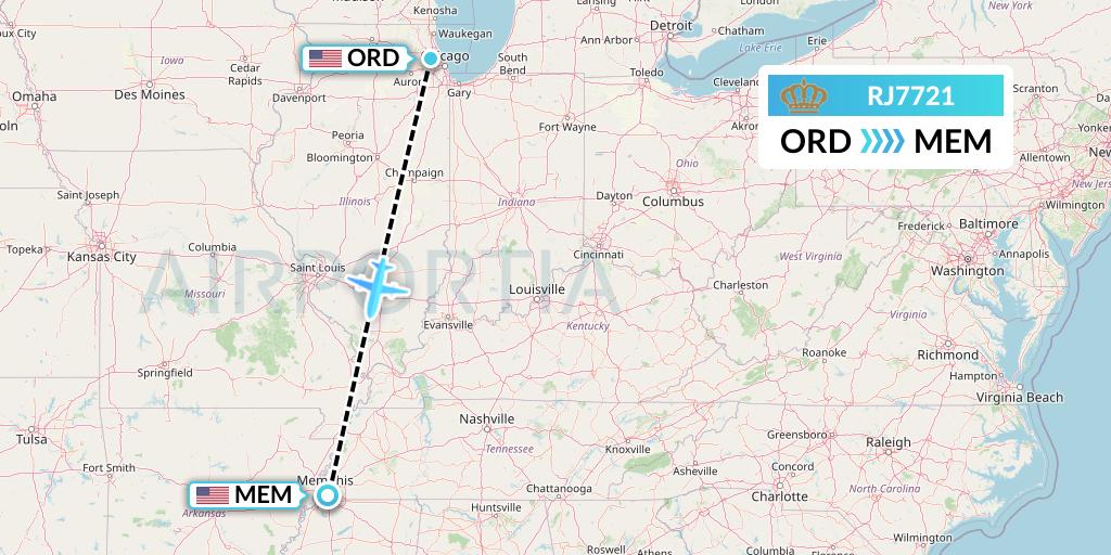 RJ7721 Royal Jordanian Flight Map: Chicago to Memphis