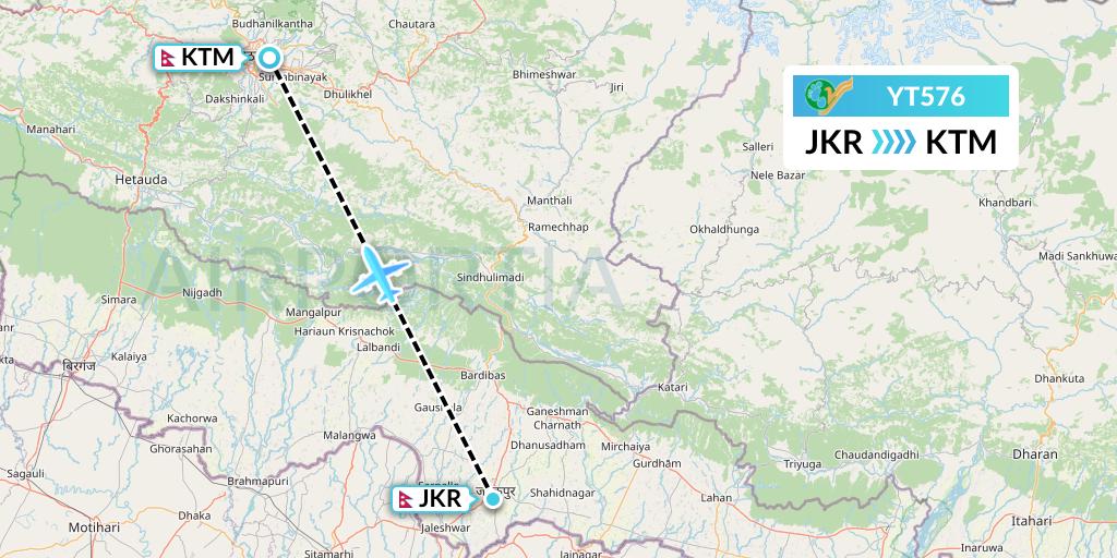 YT576 Yeti Airlines Flight Map: Janakpur to Kathmandu