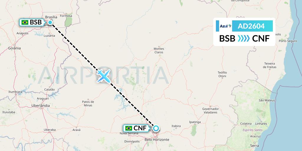 AD2604 Azul Brazilian Airlines Flight Map: Brasilia to Belo Horizonte