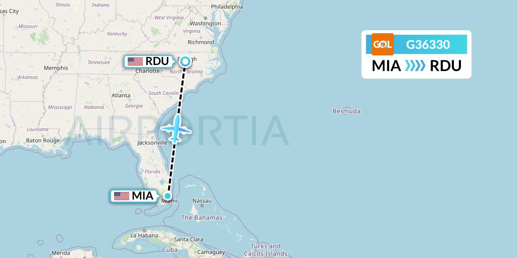G36330 GOL Transportes Aeros Flight Map: Miami to Raleigh-Durham