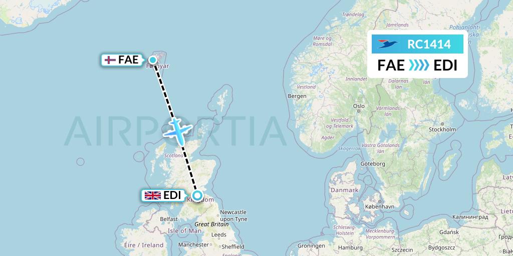 RC1414 Atlantic Airways Flight Map: Vagar to Edinburgh