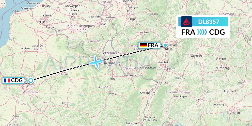 DL8357 Delta Air Lines Flight Map: Frankfurt to Paris