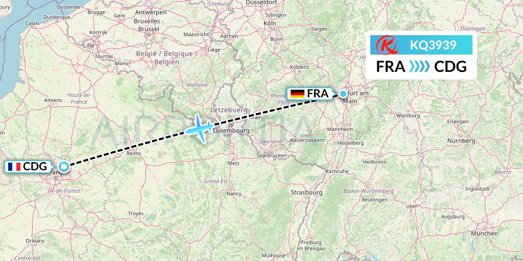 KQ3939 Kenya Airways Flight Map: Frankfurt to Paris