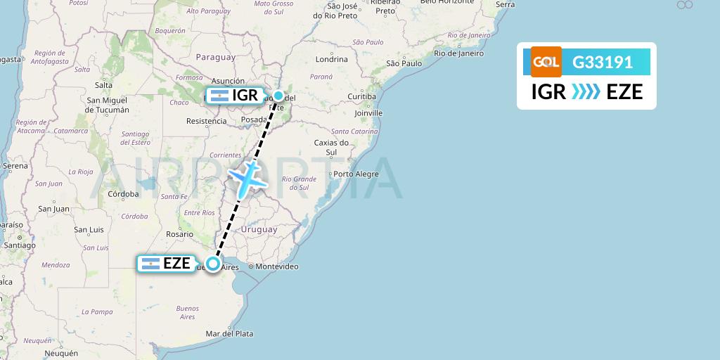 G33191 GOL Transportes Aeros Flight Map: Puerto Iguazu to Buenos Aires
