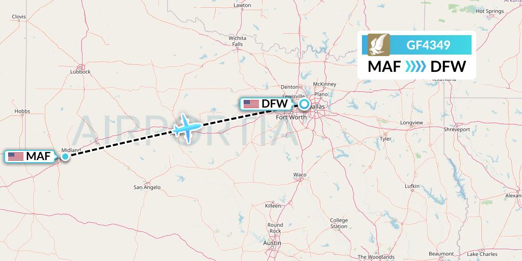 GF4349 Gulf Air Flight Map: Midland to Dallas
