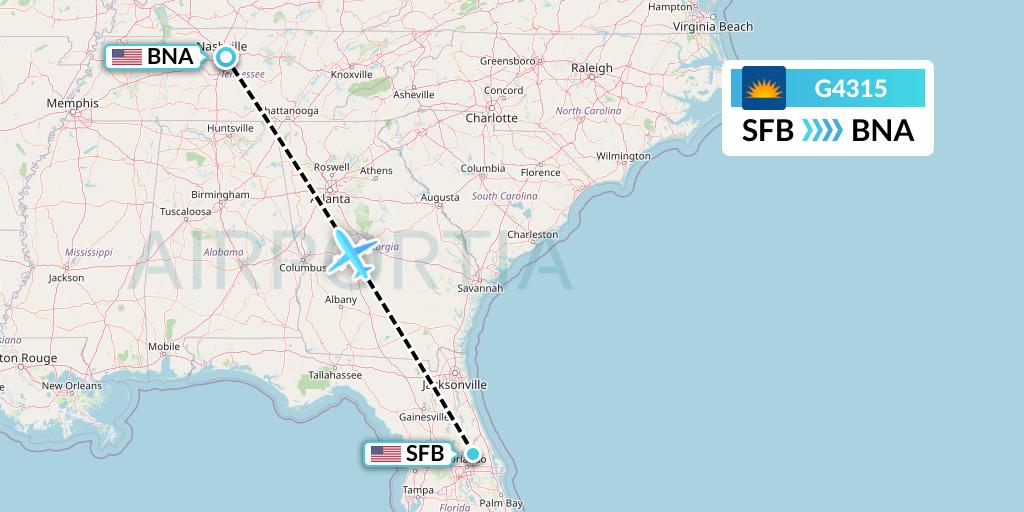 G4315 Allegiant Air Flight Map: Orlando to Nashville