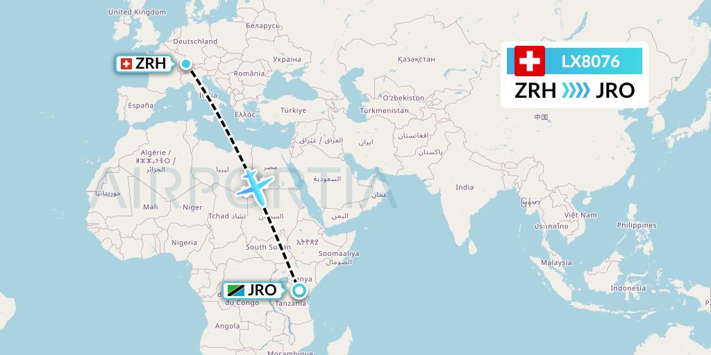 LX8076 Swiss Flight Map: Zurich to Kilimanjaro
