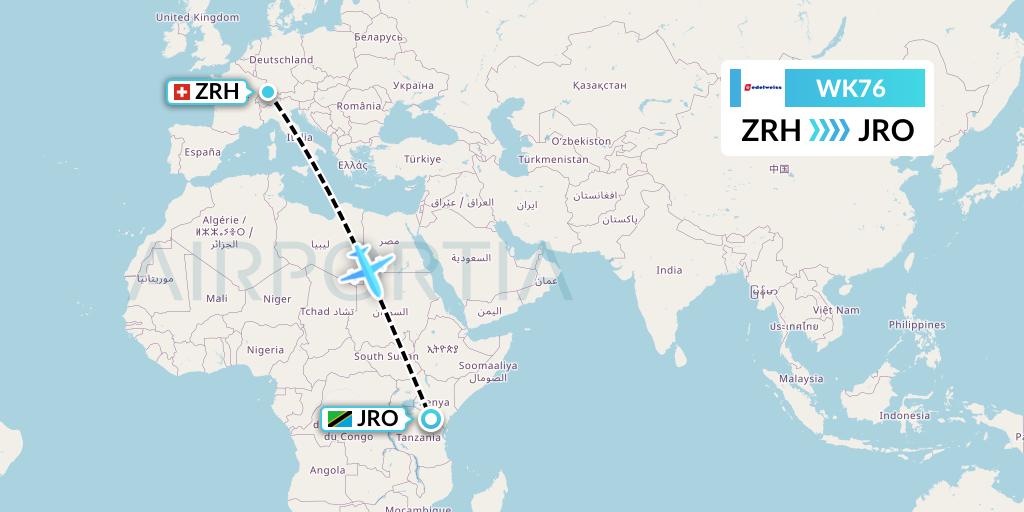 WK76 Edelweiss Air Flight Map: Zurich to Kilimanjaro