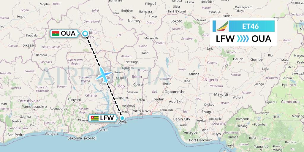 ET46 Ethiopian Airlines Flight Map: Lome to Ouagadougou