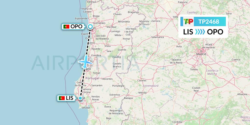 TP2468 TAP Portugal Flight Map: Lisbon to Porto