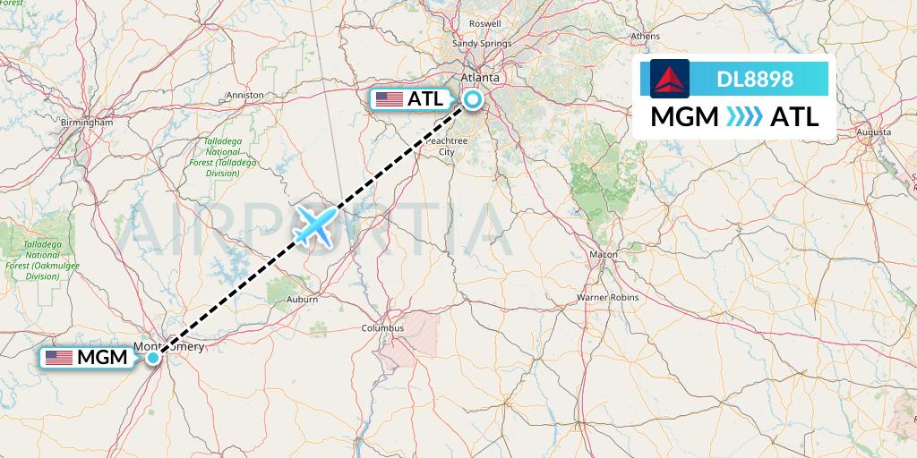 DL8898 Delta Air Lines Flight Map: Montgomery to Atlanta
