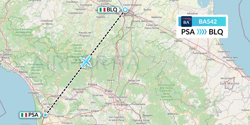BA542 British Airways Flight Map: Pisa to Bologna