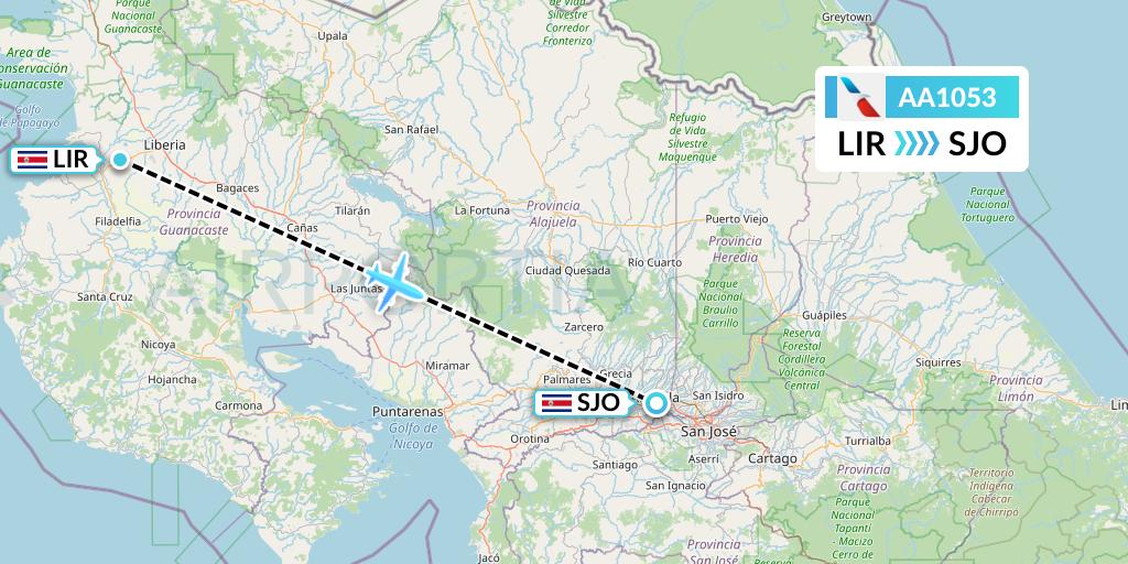 AA1053 American Airlines Flight Map: Liberia to San Jose