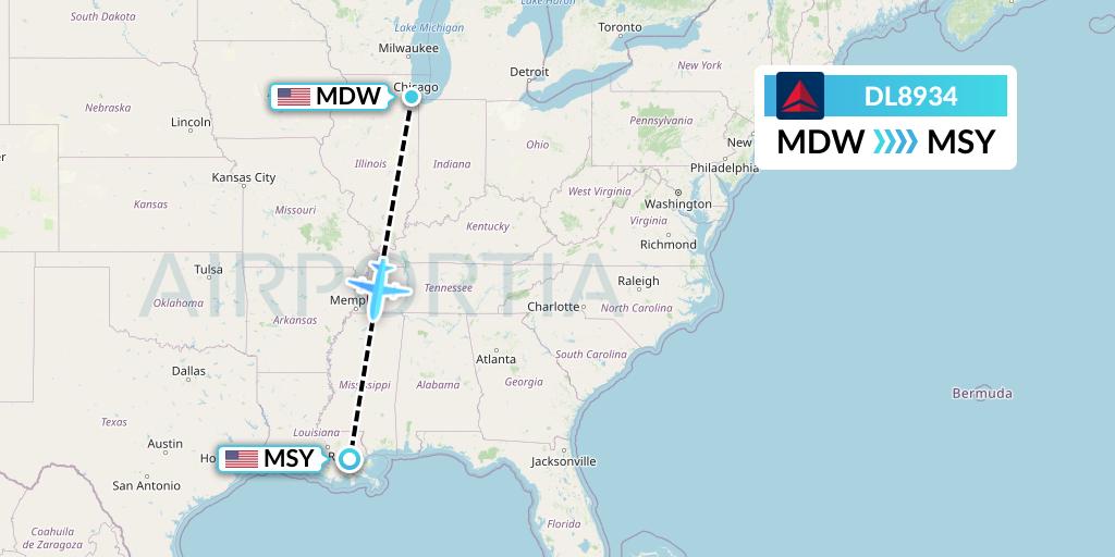 DL8934 Delta Air Lines Flight Map: Chicago to New Orleans