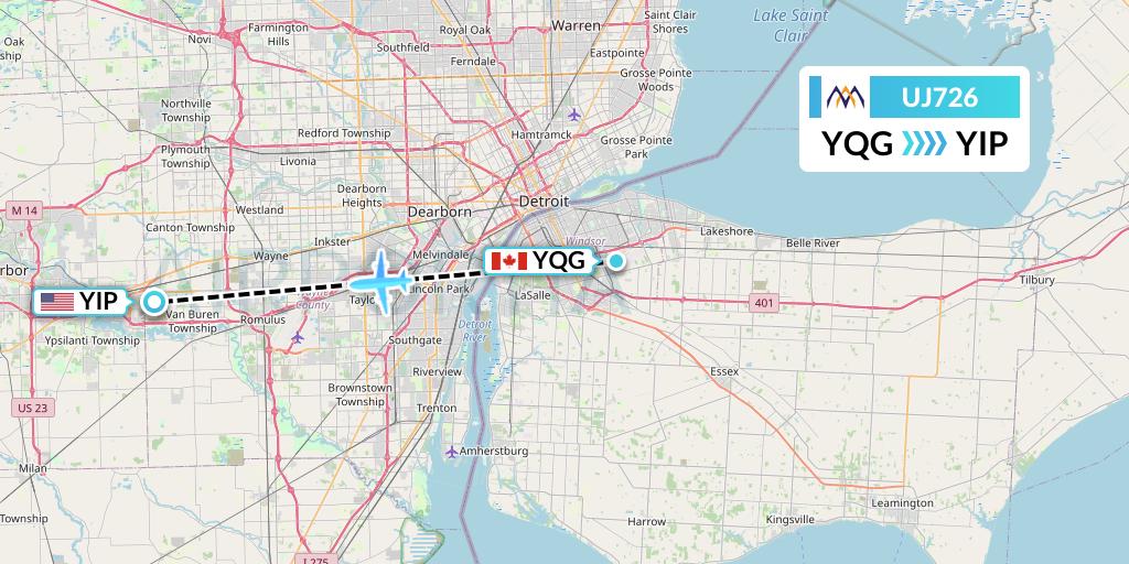 UJ726 AlMasria Universal Airlines Flight Map: Windsor to Detroit