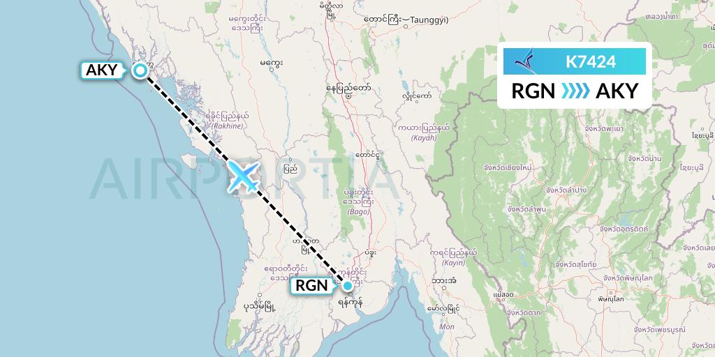 K7424 Air KBZ Flight Map: Yangon to Sittwe