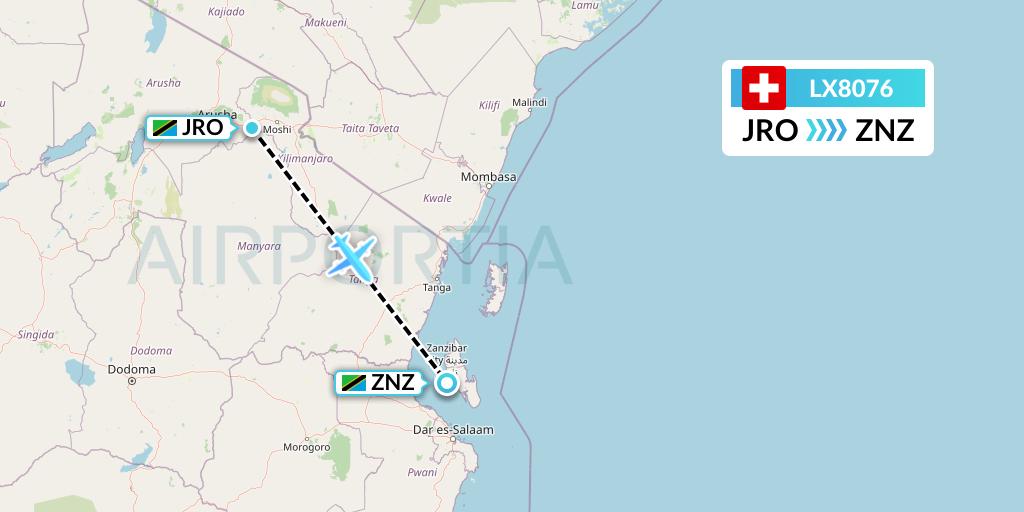 LX8076 Swiss Flight Map: Kilimanjaro to Zanzibar