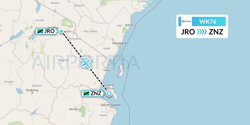 WK76 Edelweiss Air Flight Map: Kilimanjaro to Zanzibar