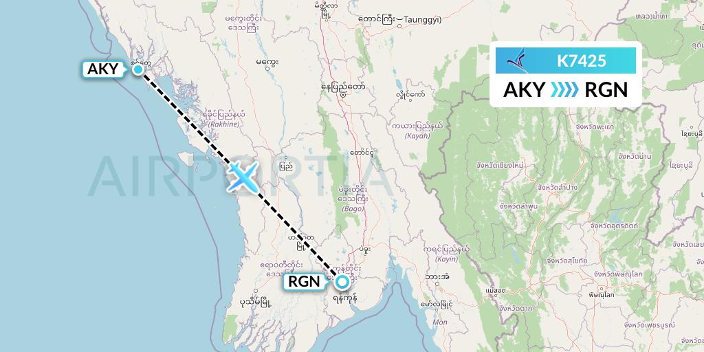 K7425 Air KBZ Flight Map: Sittwe to Yangon