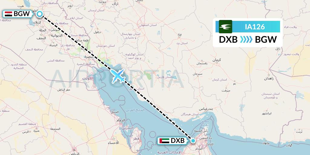 IA126 Iraqi Airways Flight Map: Dubai to Baghdad