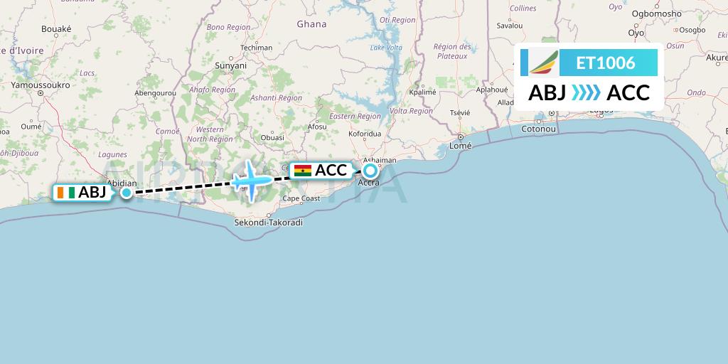 ET1006 Ethiopian Airlines Flight Map: Abidjan to Accra