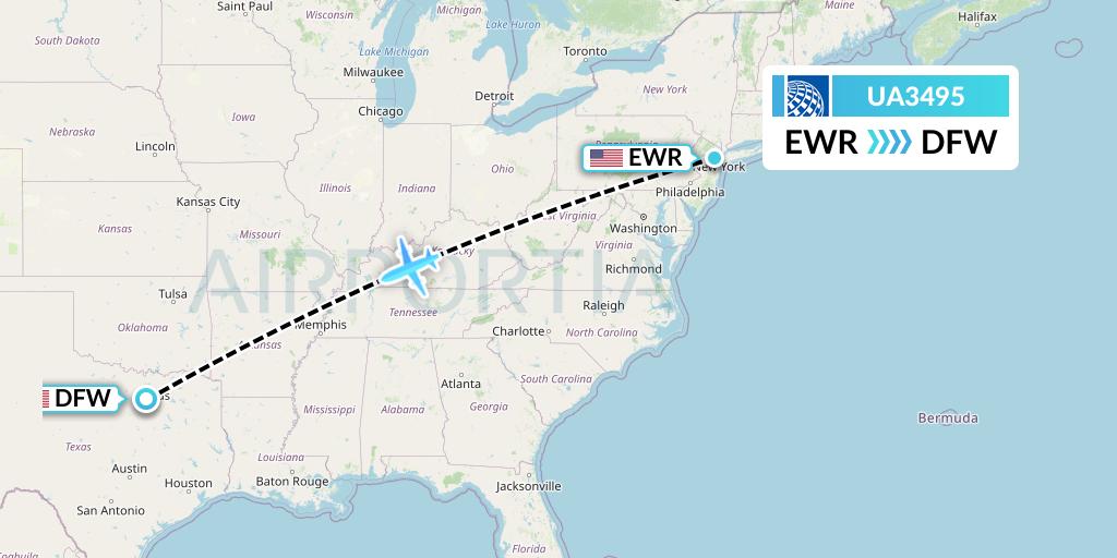 UA3495 United Airlines Flight Map: New York to Dallas