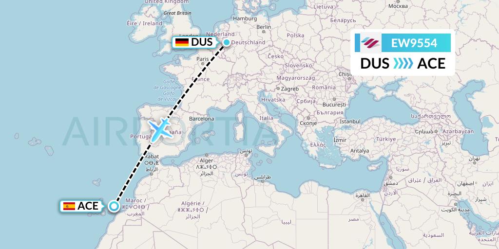 EW9554 Eurowings Flight Map: Dusseldorf to Lanzarote