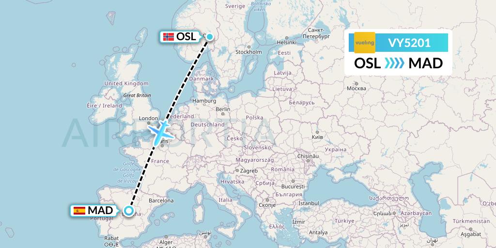 VY5201 Vueling Flight Map: Oslo to Madrid