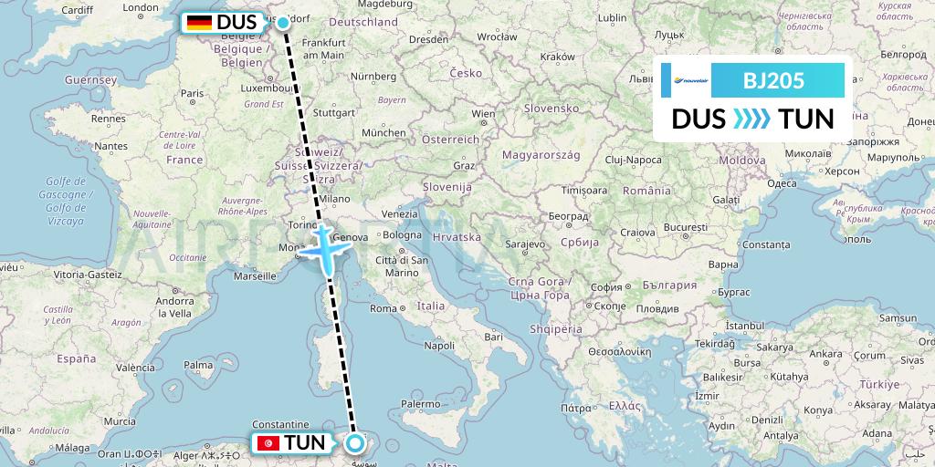 BJ205 Nouvelair Tunisie Flight Map: Dusseldorf to Tunis