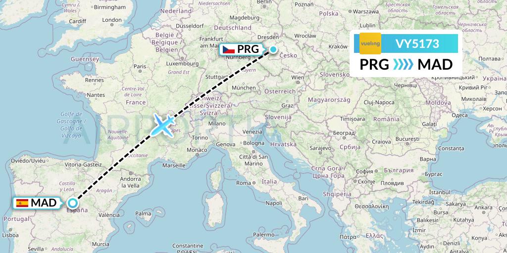 VY5173 Vueling Flight Map: Prague to Madrid