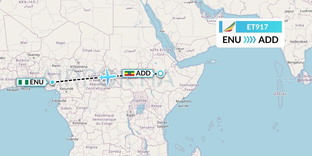 ET917 Ethiopian Airlines Flight Map: Enugu to Addis Ababa