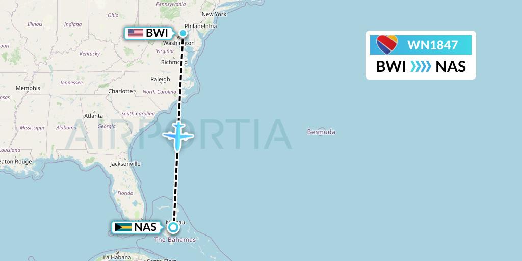 WN1847 Southwest Airlines Flight Map: Baltimore to Nassau