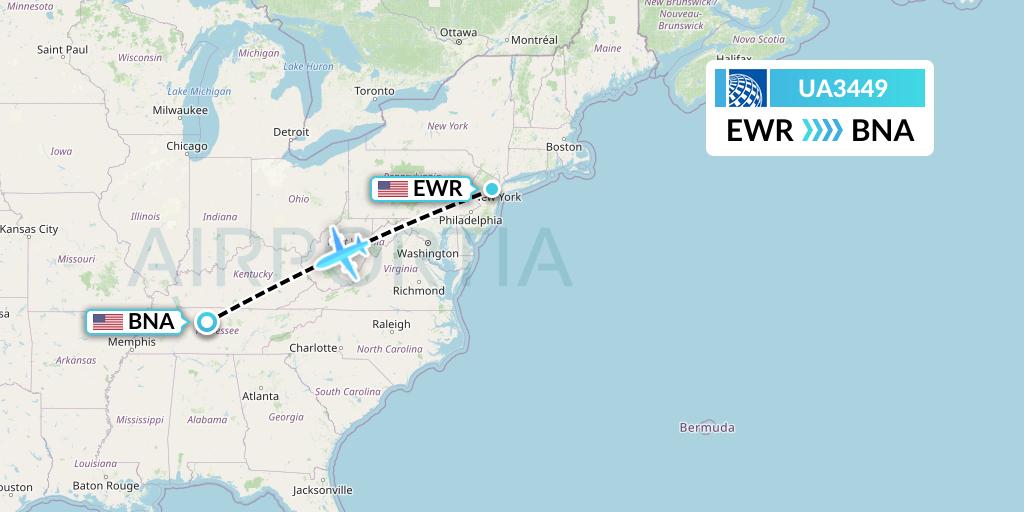 UA3449 United Airlines Flight Map: New York to Nashville