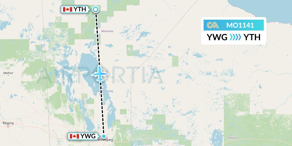MO1141 Calm Air Flight Map: Winnipeg to Thompson