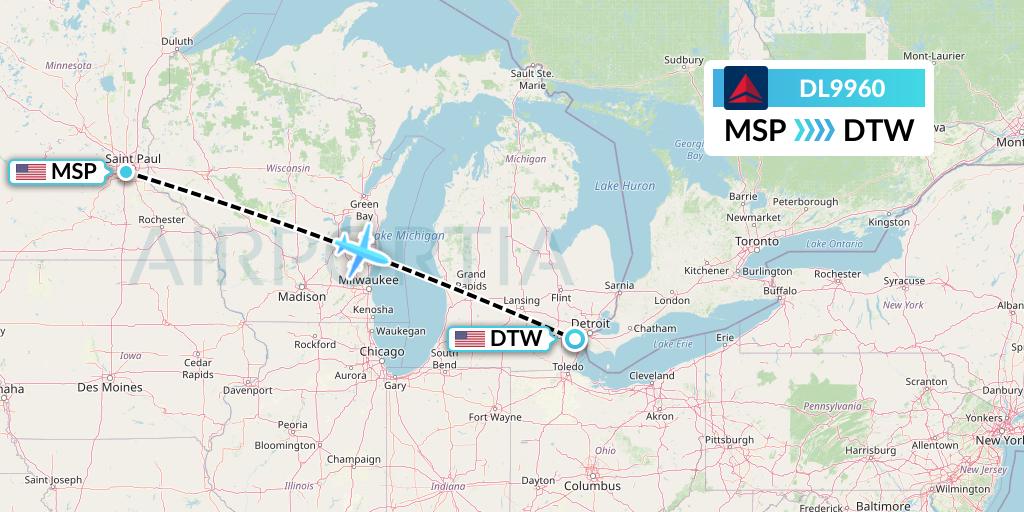 DL9960 Delta Air Lines Flight Map: Minneapolis to Detroit